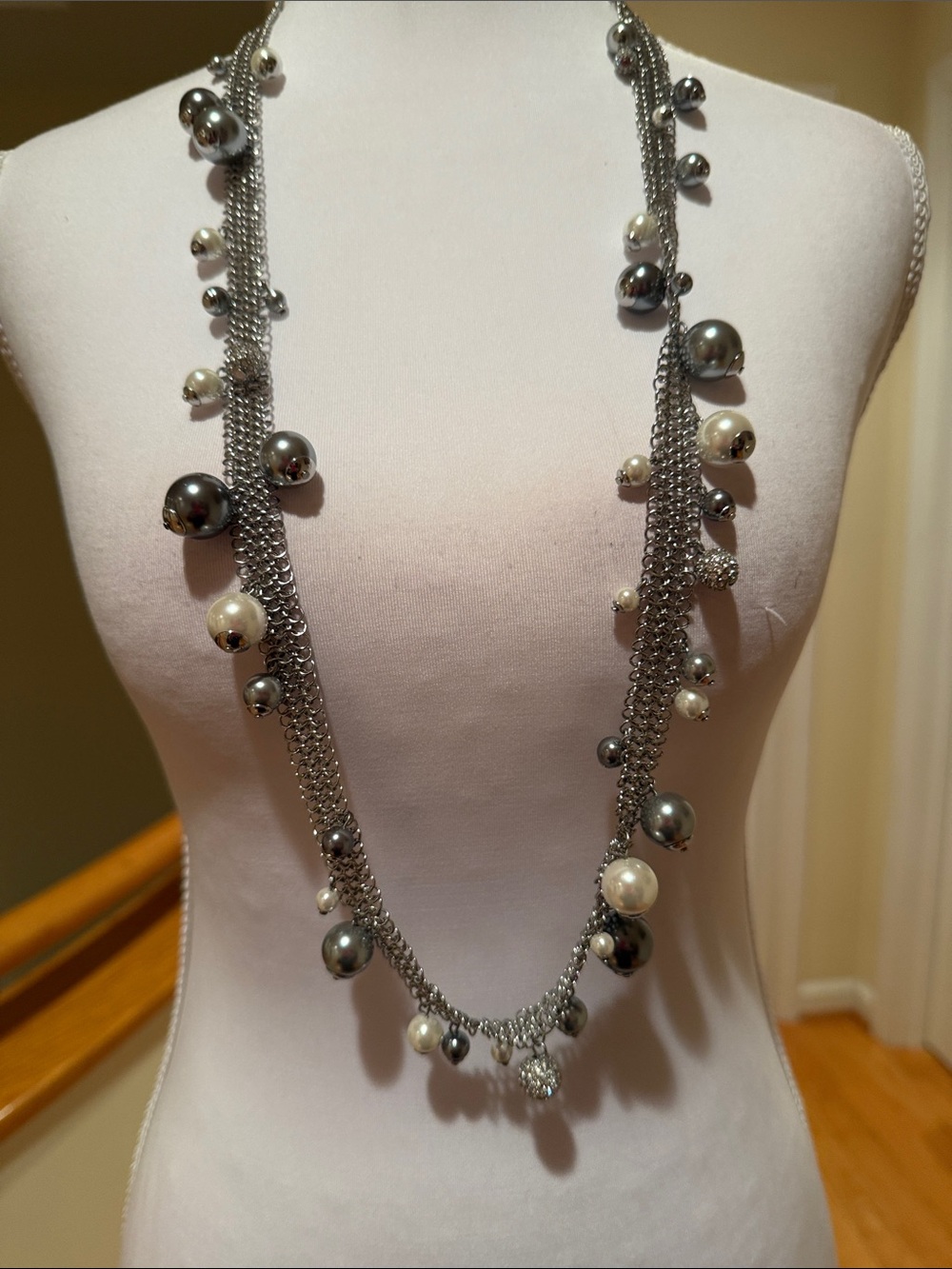 WHBM Silver Chain Necklace with White and Gunmetal Pearls